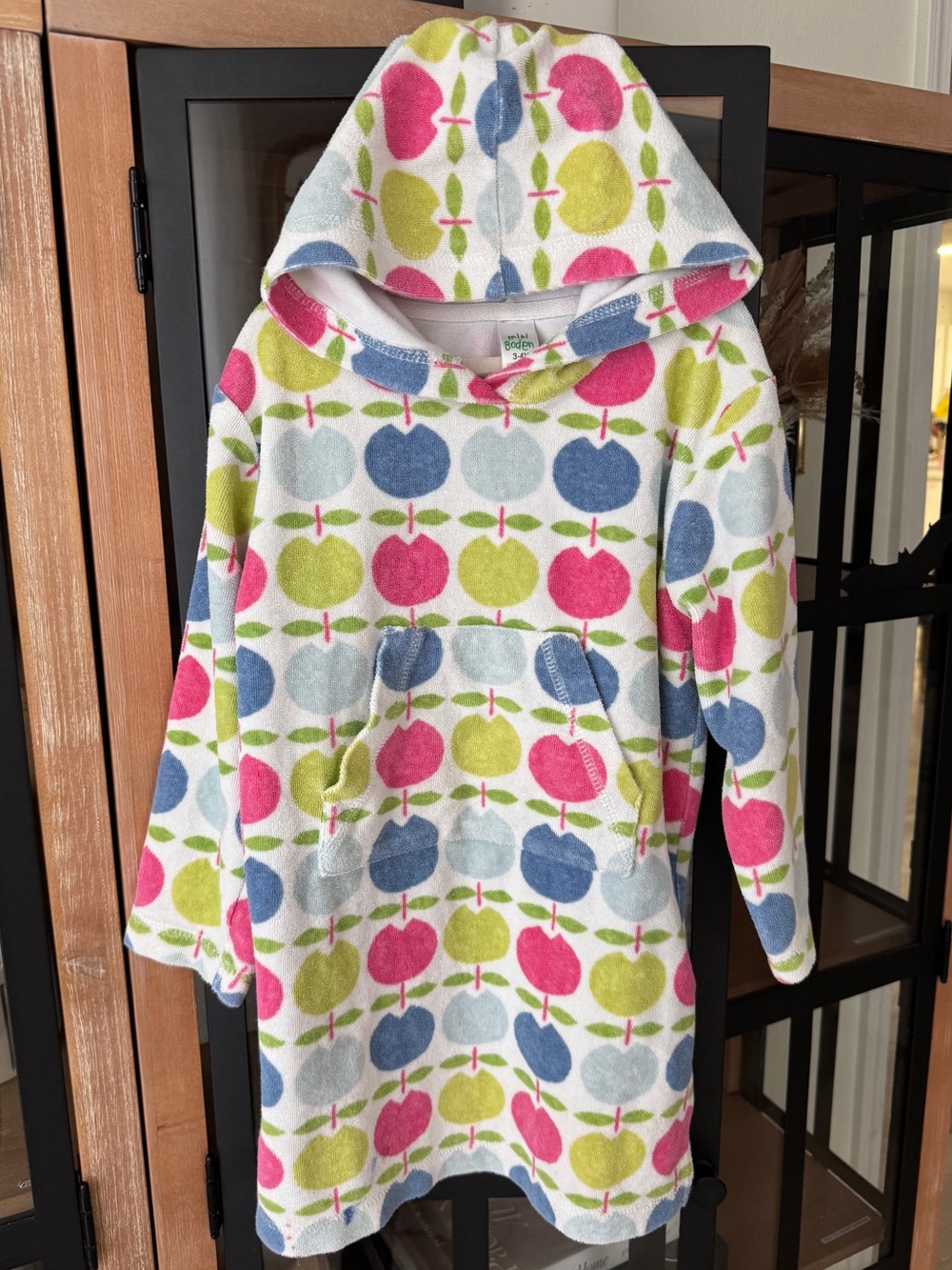 Mini Boden Terry cover-up Toweling Hooded Swim dress apples toddler colorful